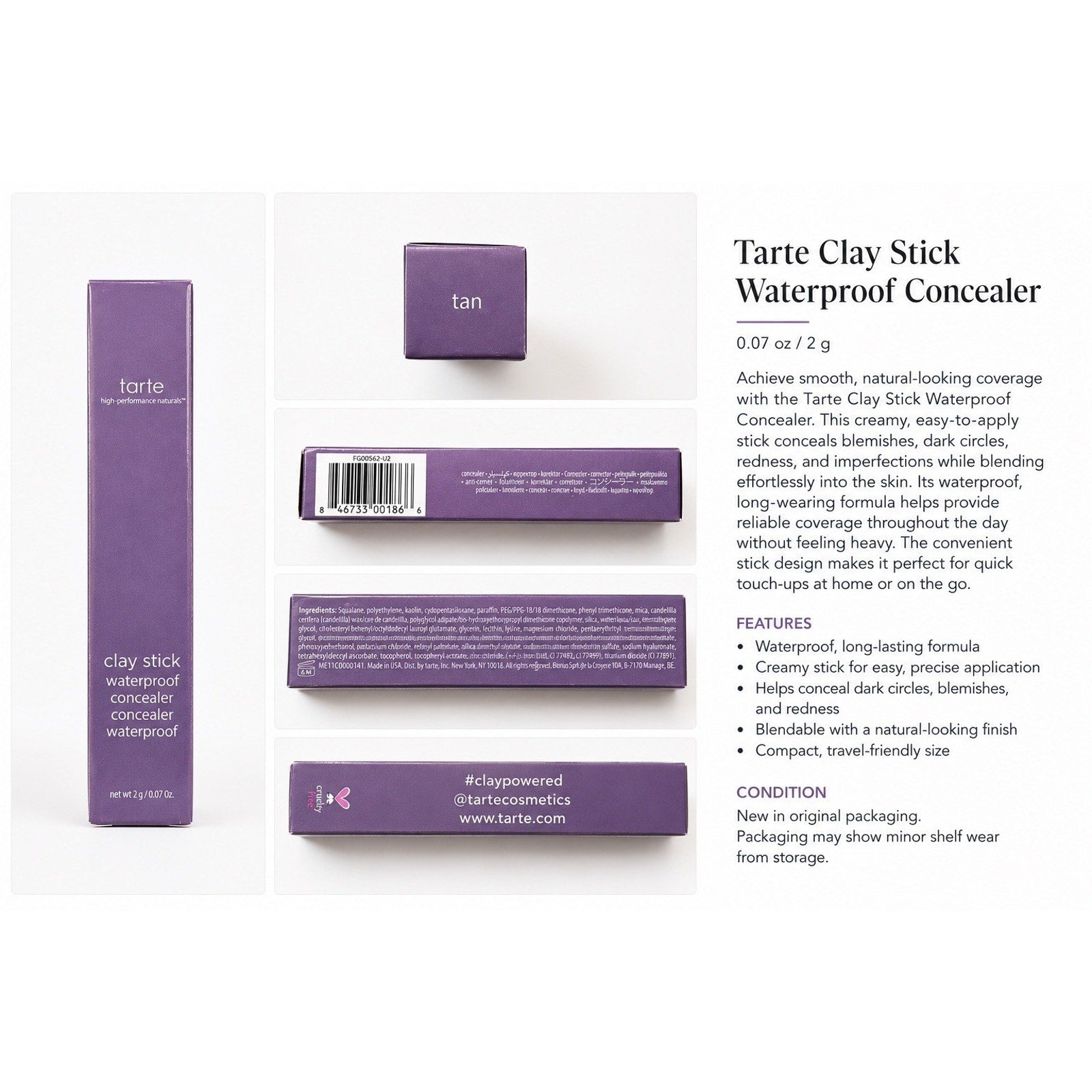 tarte Clay Stick Waterproof Concealer Shade Tan Full Size(DISCONTINUED)