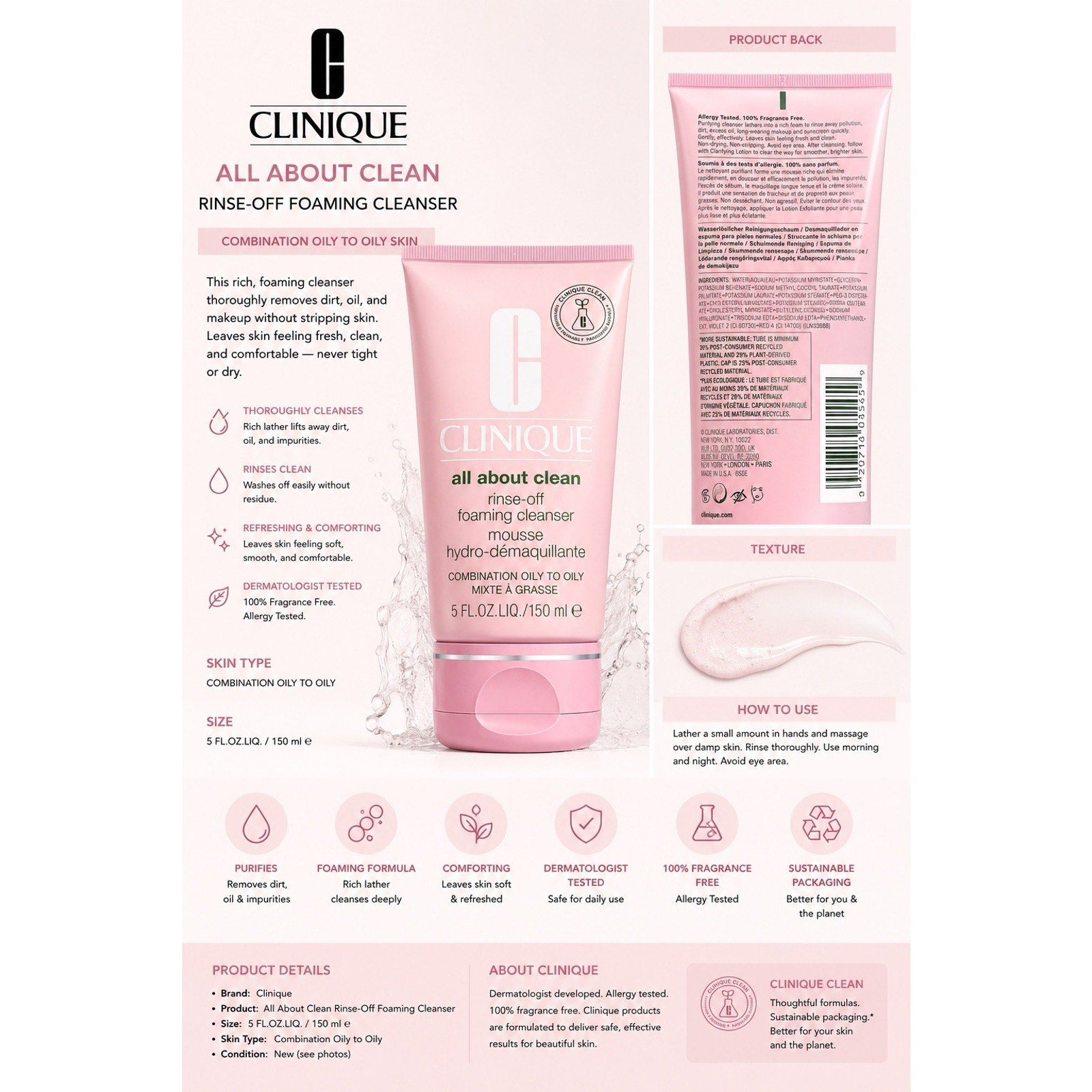 Clinique Rinse Off Foaming Cleanser Face Wash - 5oz.