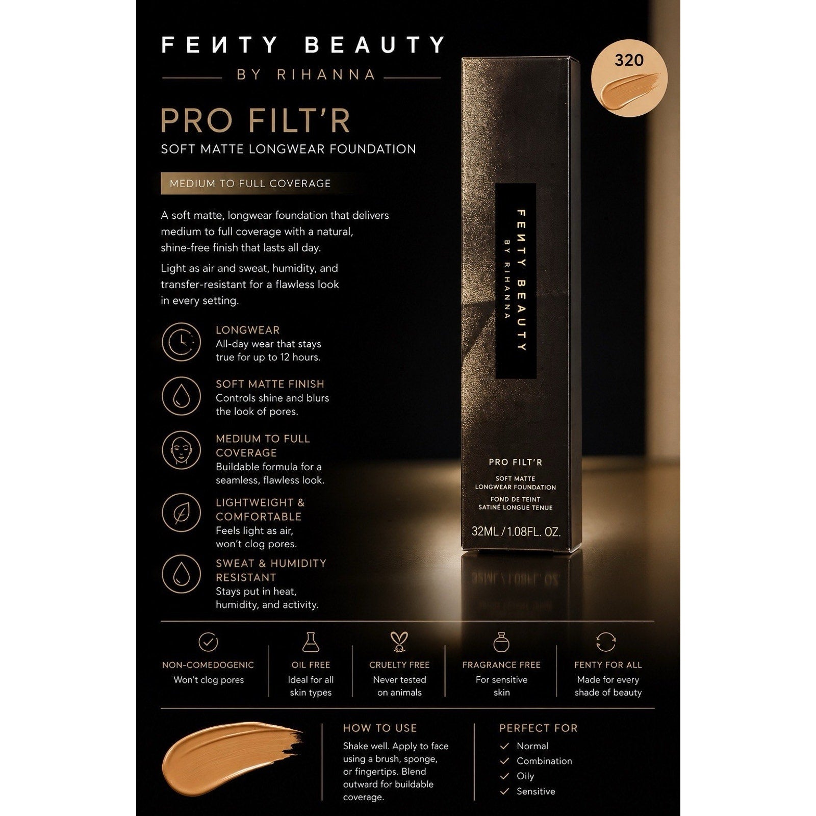 Fenty Beauty By Rihanna Pro FILT'R 320 Soft Matte Longwear Foundation 1.08 OZ