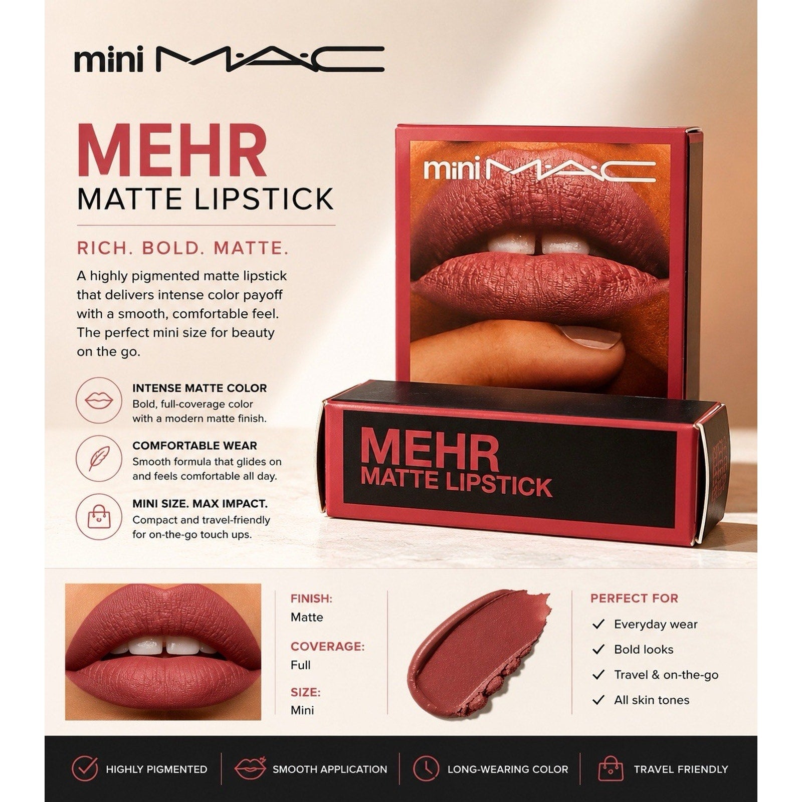 MAC Mini Matte Lipstick MEHR Mini Size Mauve Rose Pink New Sealed