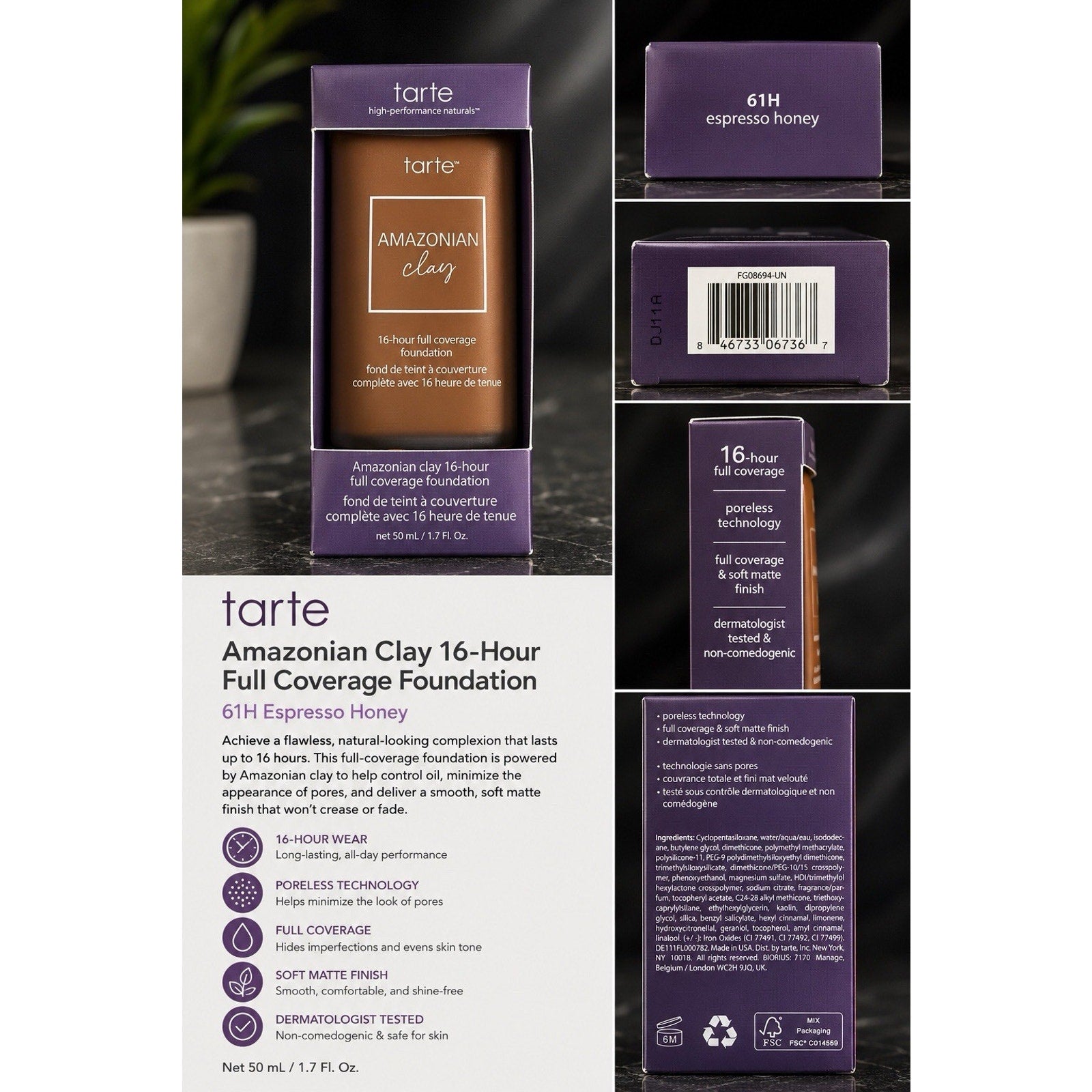 TARTE Amazonian Clay 16-Hour Full Coverage Foundation 1.7 oz Espresso Honey 61H