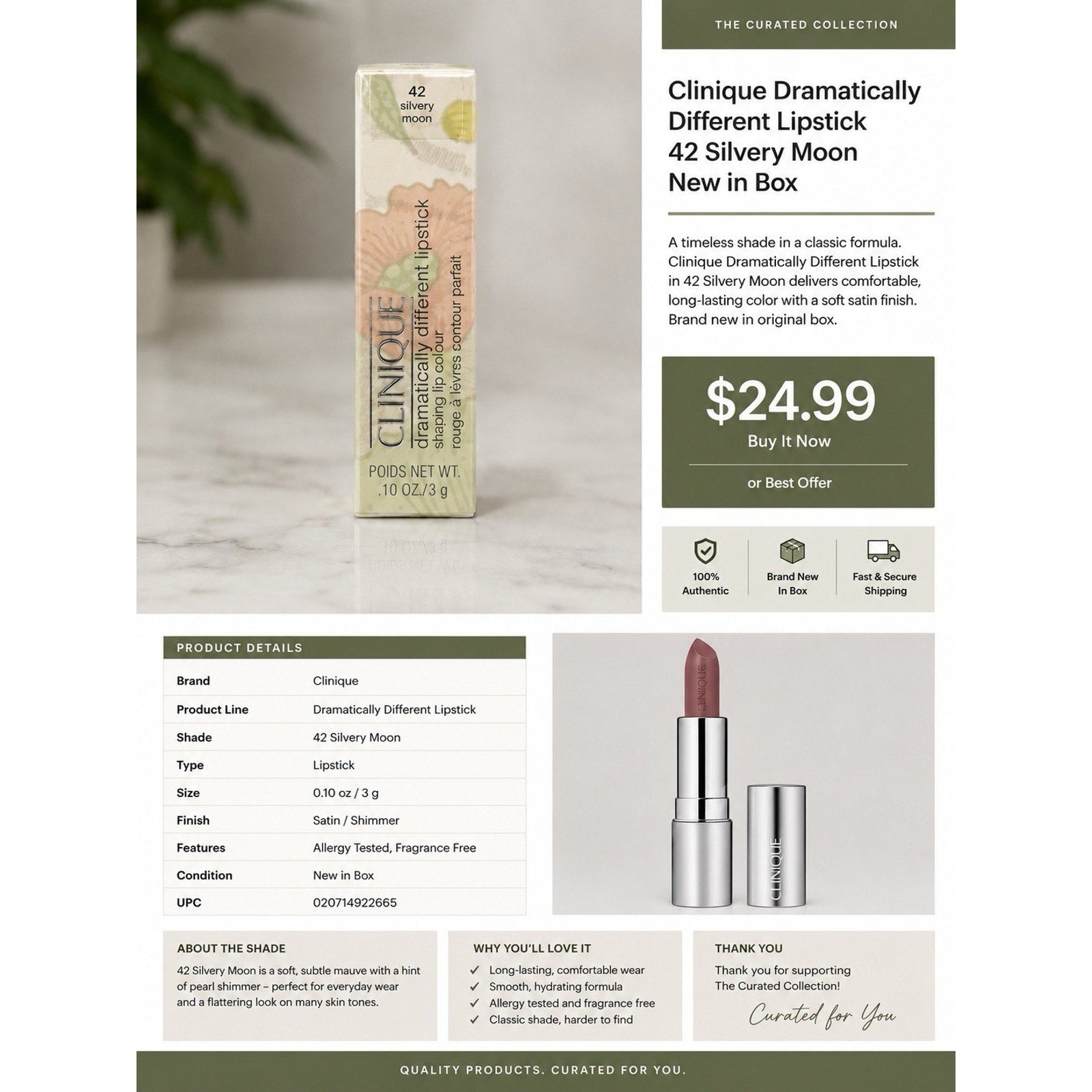 Clinique Dramatically Different Lipstick 42 Silvery Moon New in Box Rare