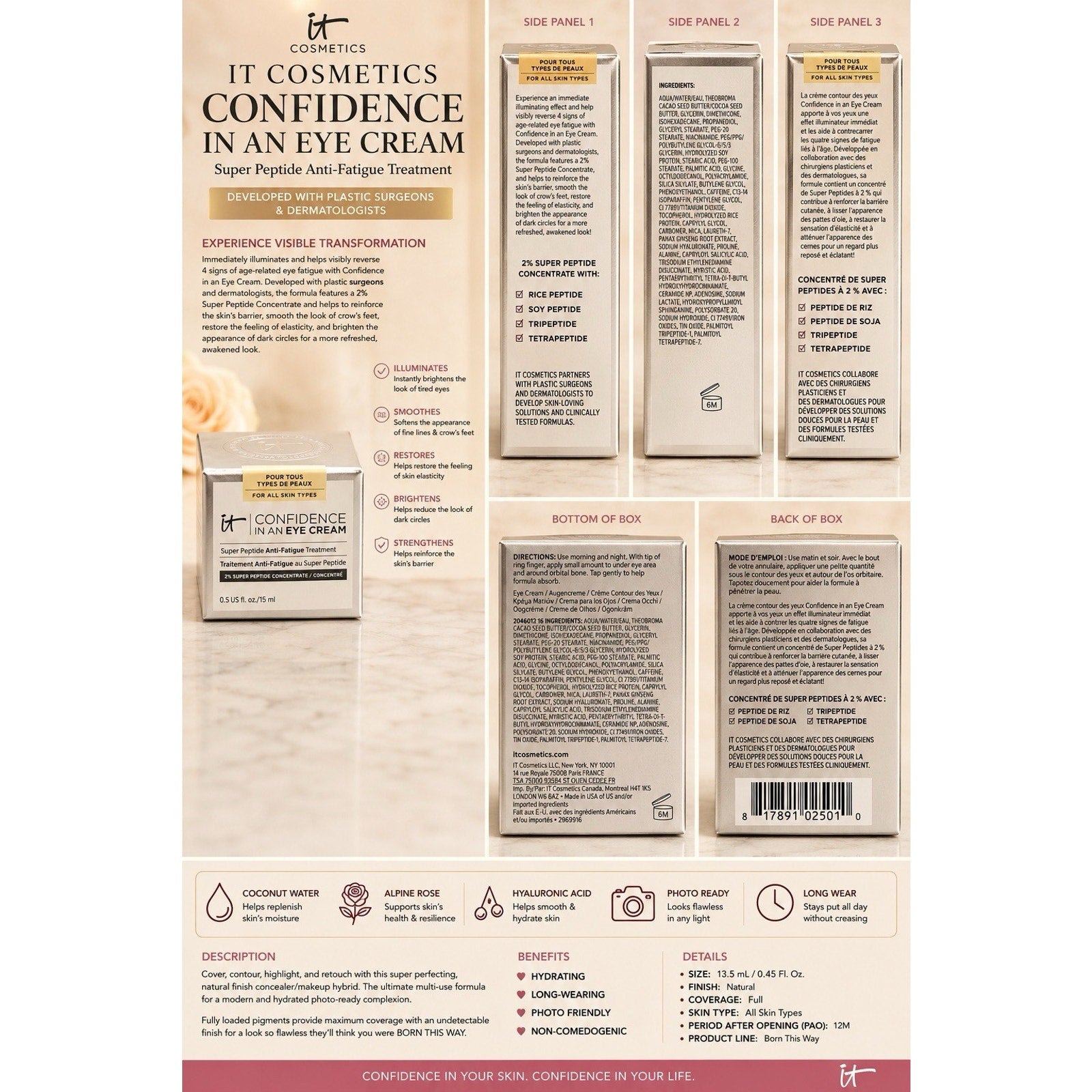 IT Cosmetics Confidence In An Eye Cream 15ml 0.5oz Super Peptide Anti-Fatigue