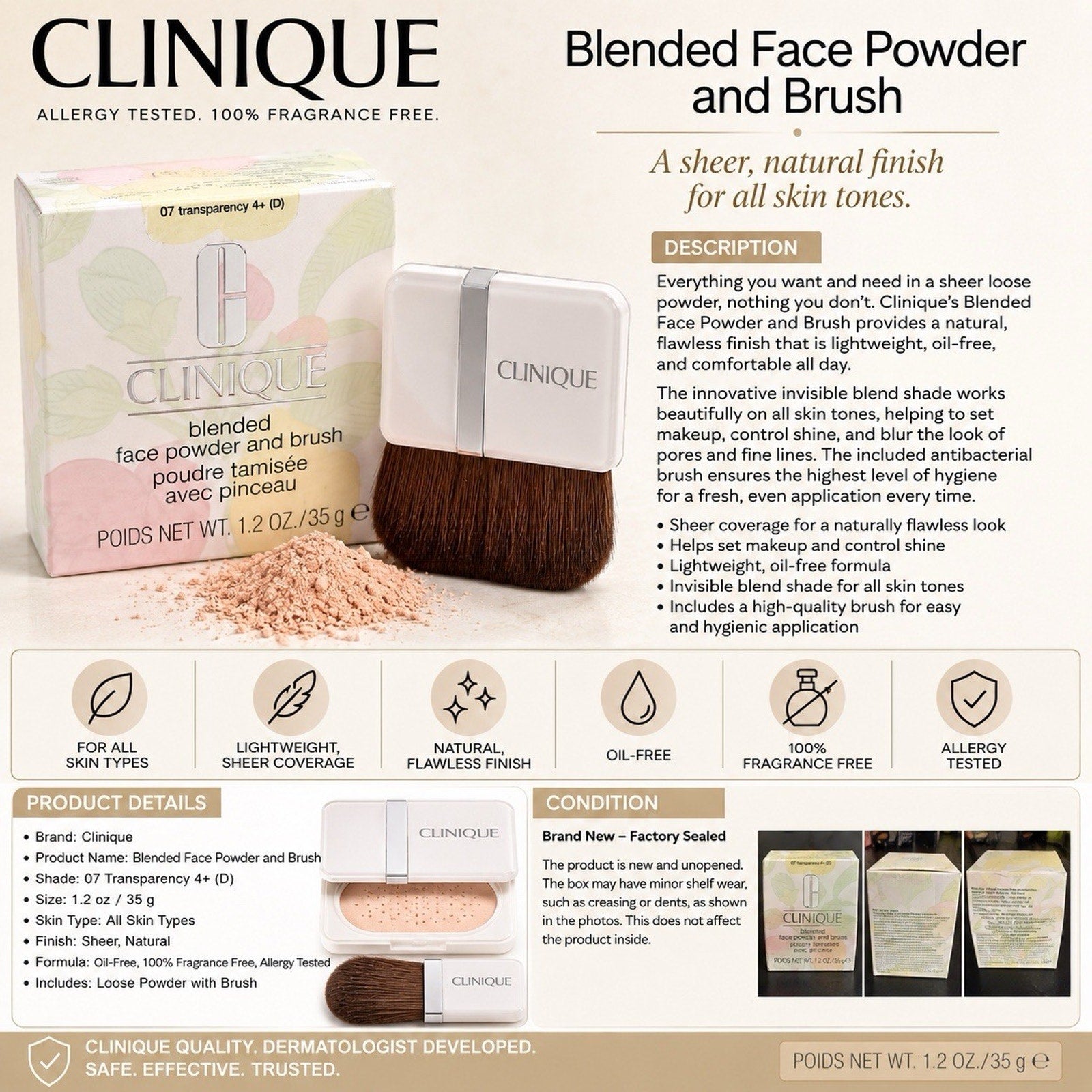 Clinique Blended Face Powder & Brush 07 Transparency 4+ D 1.2 oz New Sealed